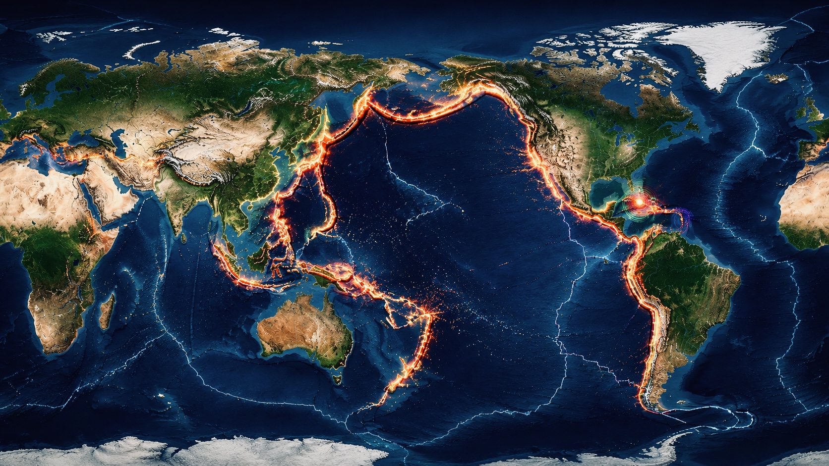 Satellite-style world map highlighting major tectonic plate boundaries, the Pacific Ring of Fire, and seismic zones near the Philippines and Caribbean.