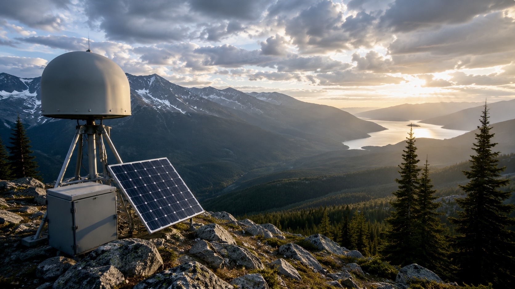 A remote earthquake monitoring station with a seismic sensor and solar panel overlooks a mountainous landscape at sunrise, illustrating the technology used to detect earthquakes and support early warning systems.