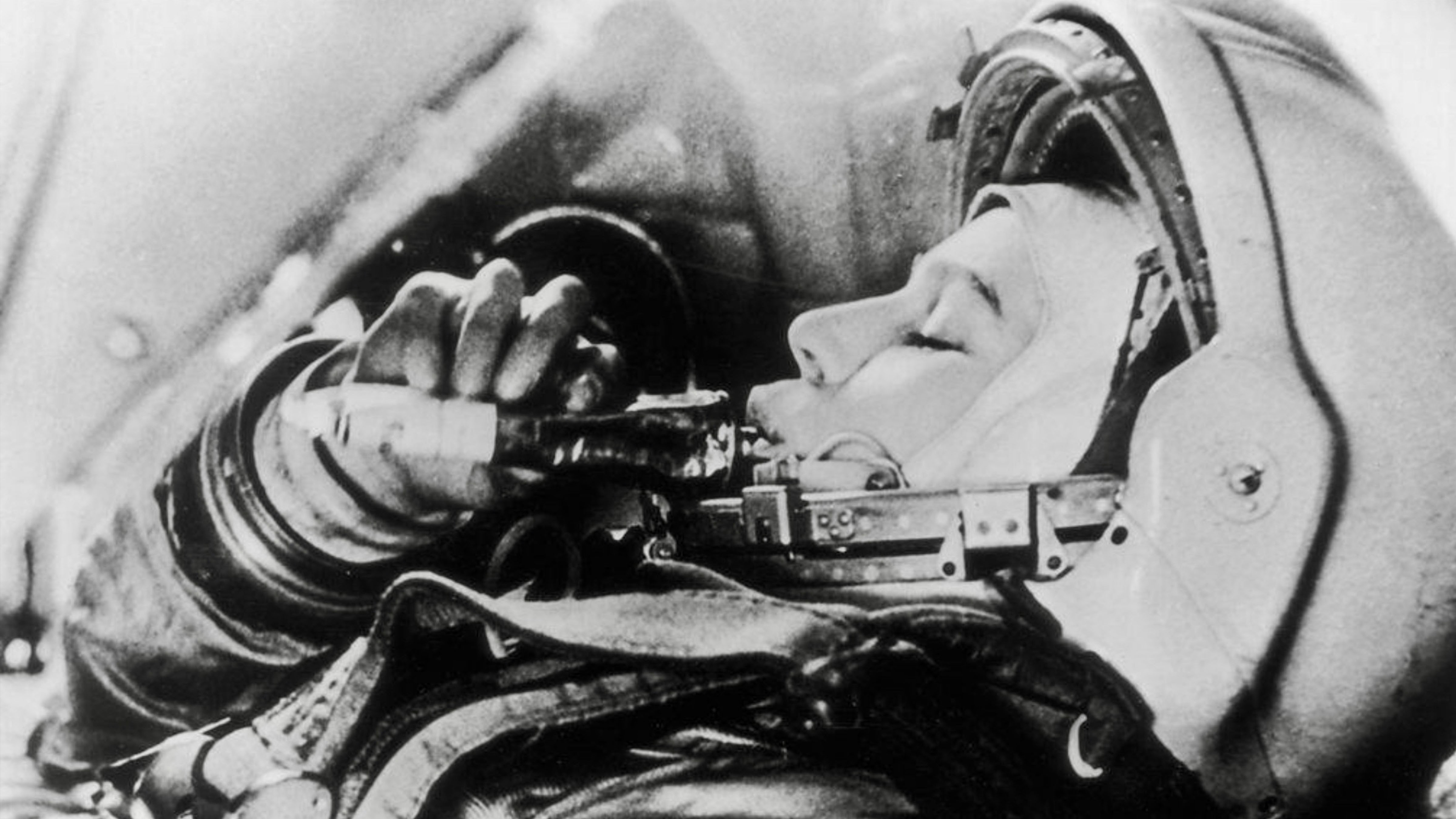 Valentina Tereshkova inside the Vostok 6 spacecraft during her historic 1963 mission, becoming the first woman to travel into space.