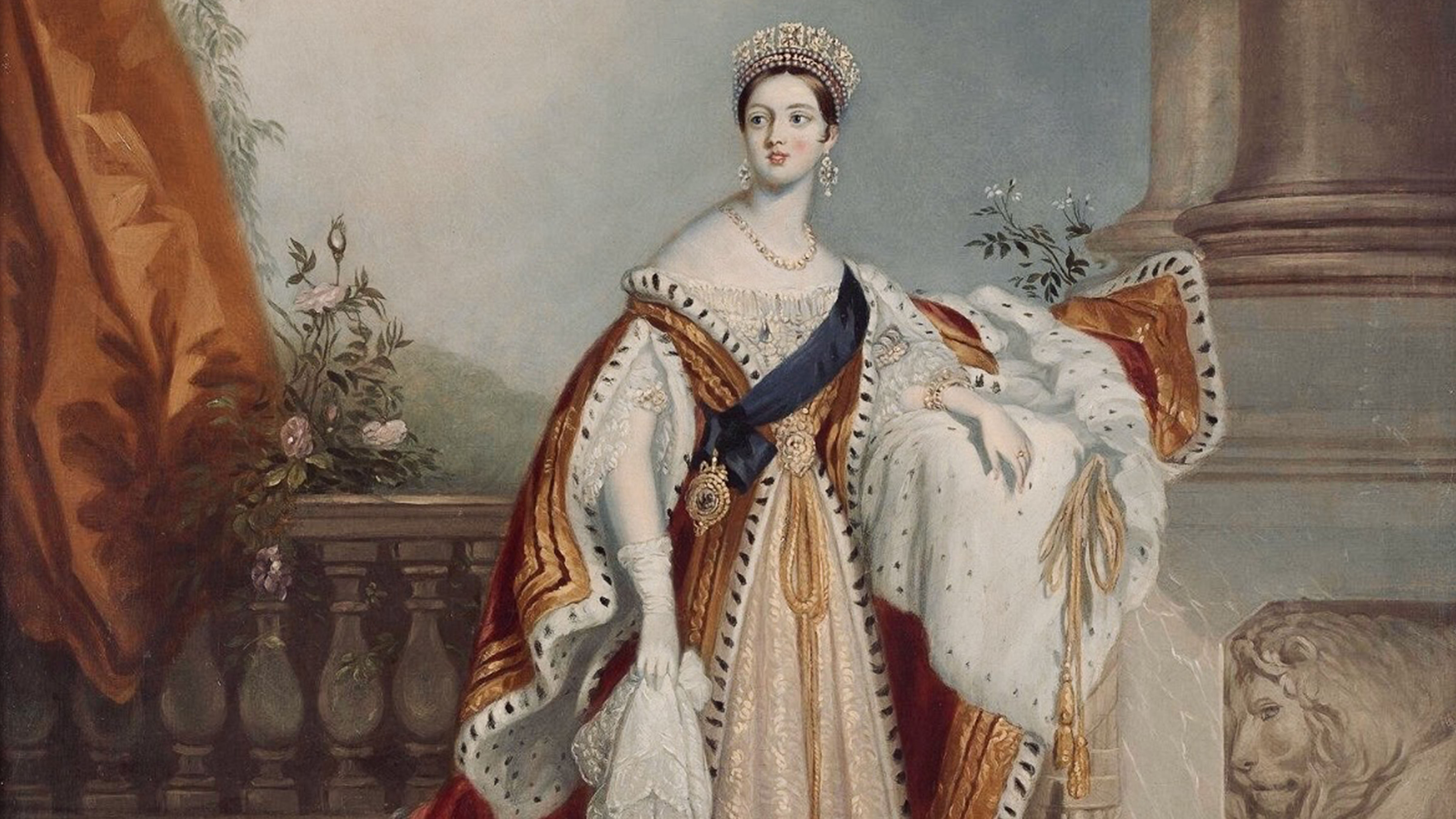 Formal portrait of Queen Victoria wearing royal robes and ceremonial regalia shortly after becoming Queen of the United Kingdom.