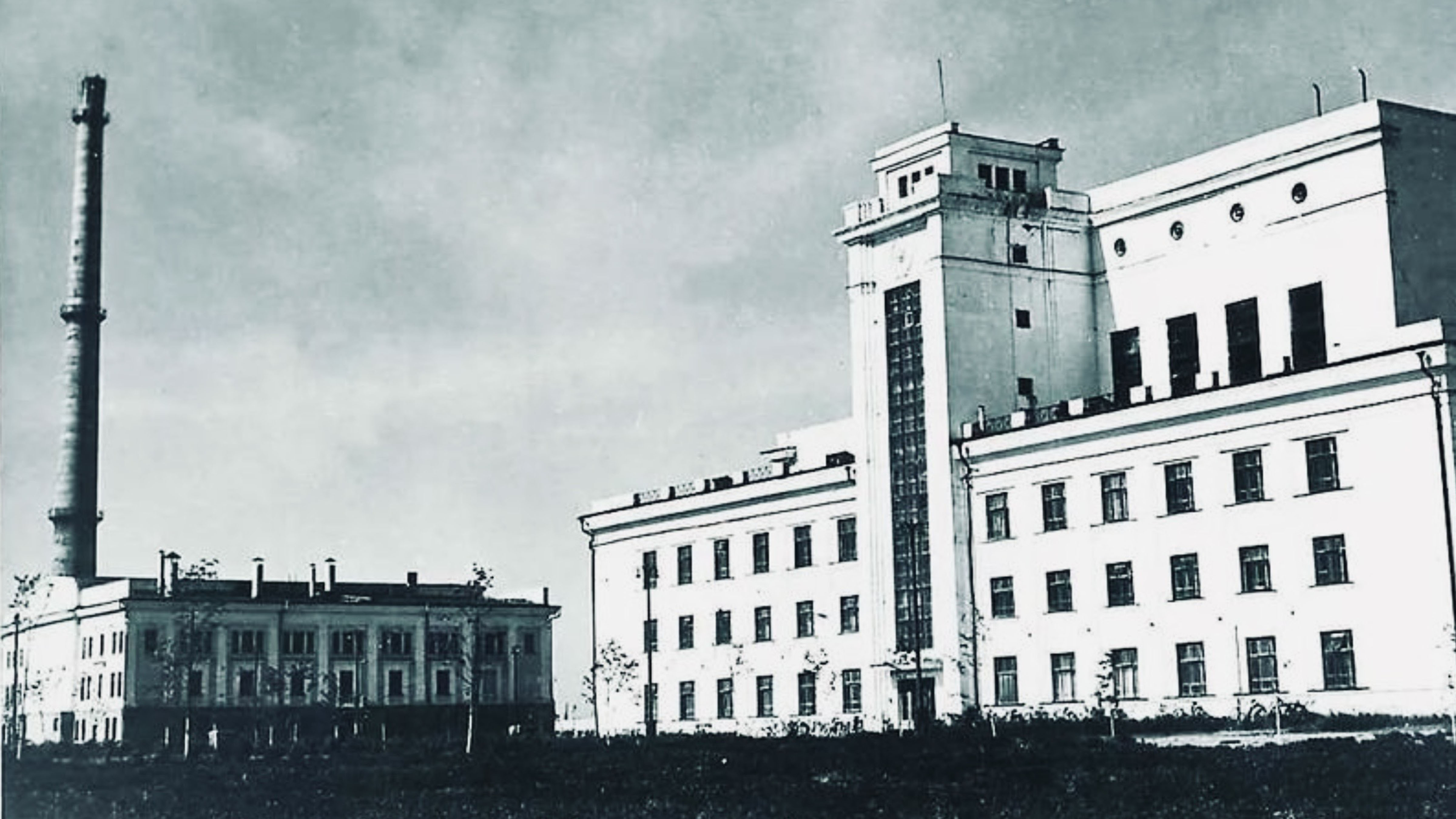 Historic photograph of the Obninsk Nuclear Power Plant in the Soviet Union, the world’s first nuclear power station built to generate electricity for a public power grid, photographed shortly after it began operations in 1954.