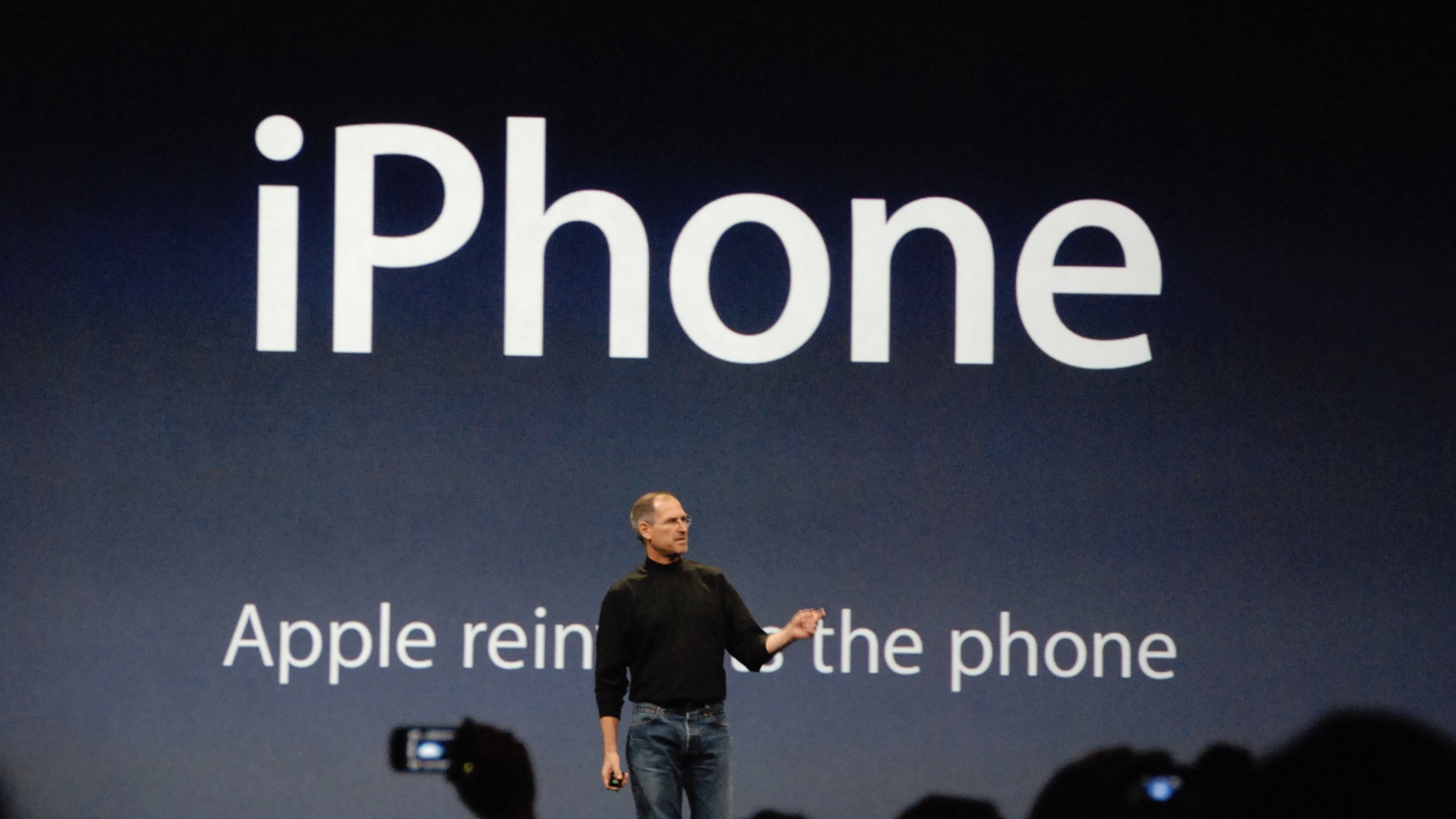 Steve Jobs introduces the first-generation iPhone during Apple’s Macworld Conference & Expo keynote in San Francisco on January 9, 2007.