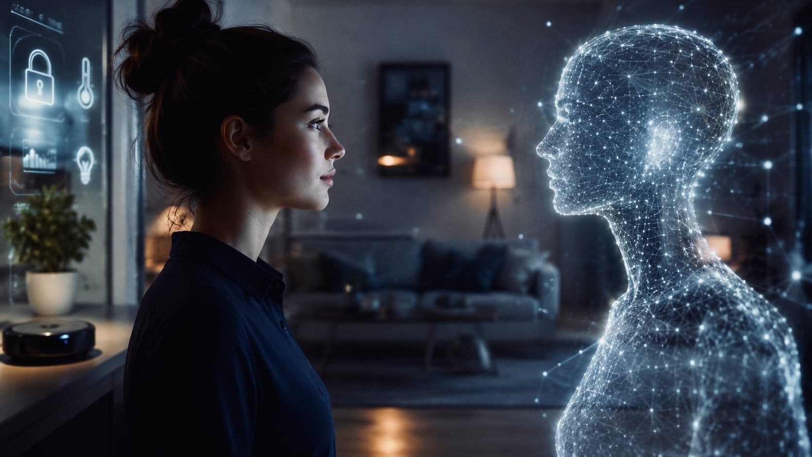 A woman stands face-to-face with a glowing holographic AI figure inside a modern smart home, illustrating the growing role of artificial intelligence in everyday life.