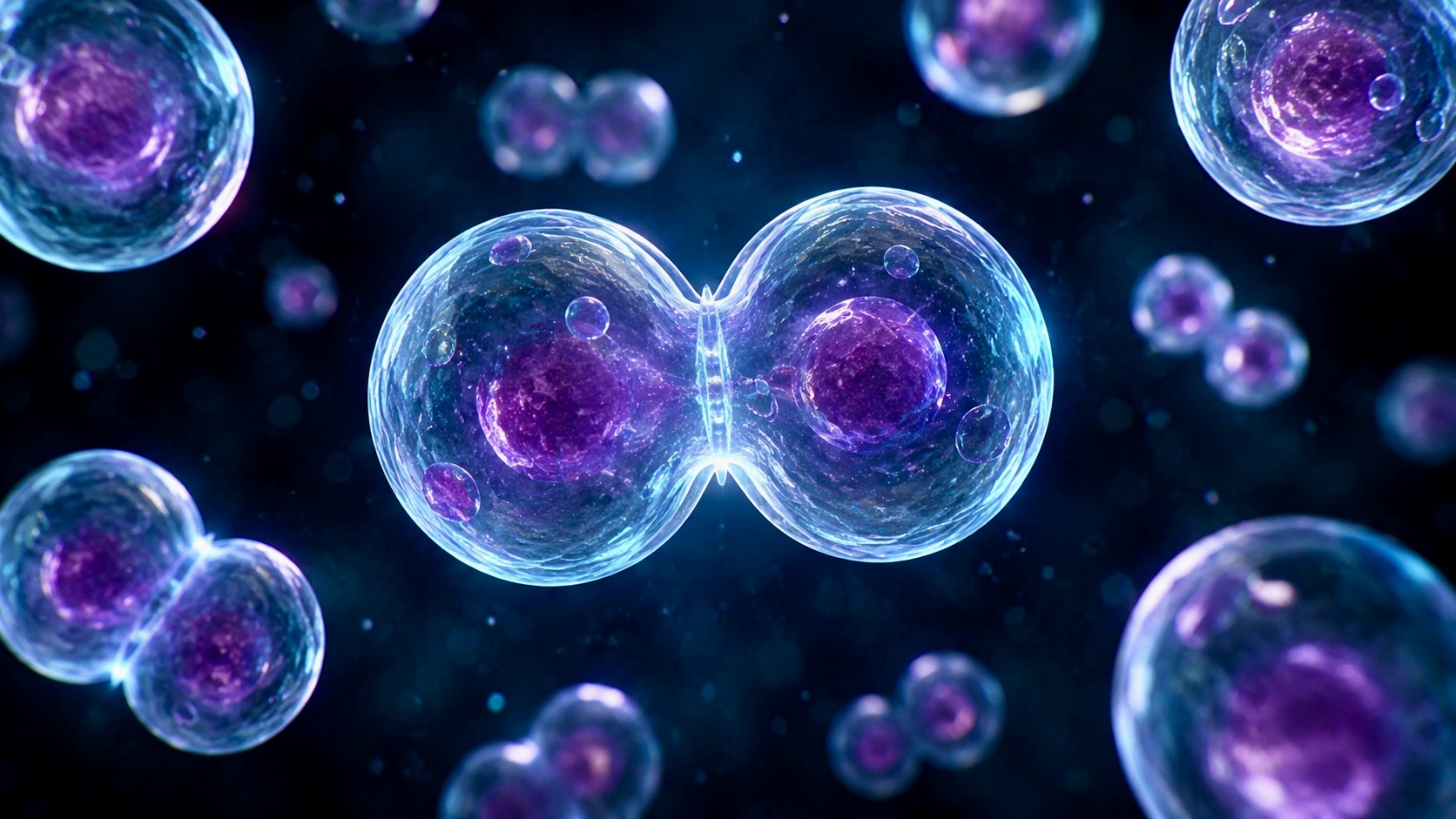 Illustration of a synthetic cell dividing into two daughter cells, representing a laboratory-engineered organism completing a full life cycle in a scientific visualization.