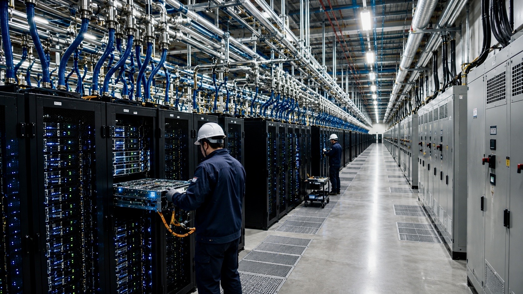 Technician servicing a GPU server inside a modern AI data center with liquid-cooling pipes, power distribution equipment, and rows of high-performance server racks.