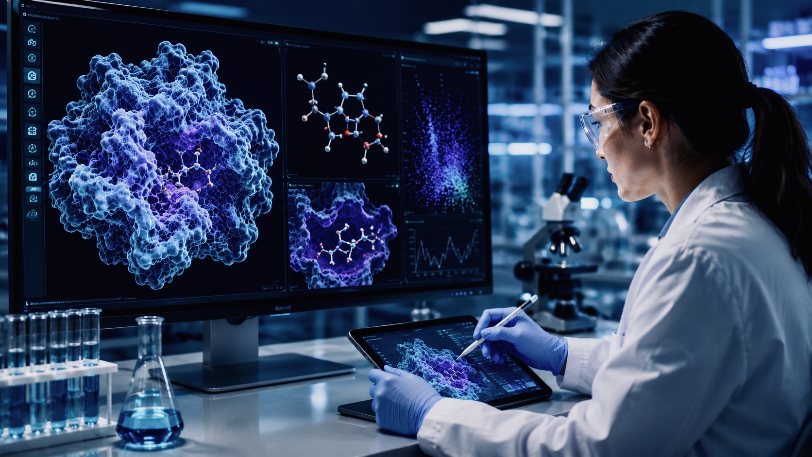 Scientist using a tablet to interact with AI-generated protein and molecular models displayed on a large laboratory monitor during drug discovery research.