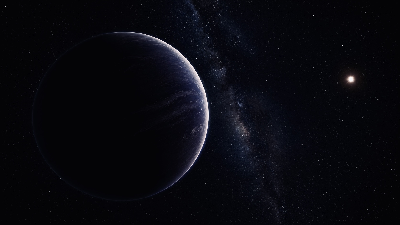 Artist’s illustration of the hypothetical Planet Nine appearing as a distant, dark world beyond Neptune against the Milky Way.