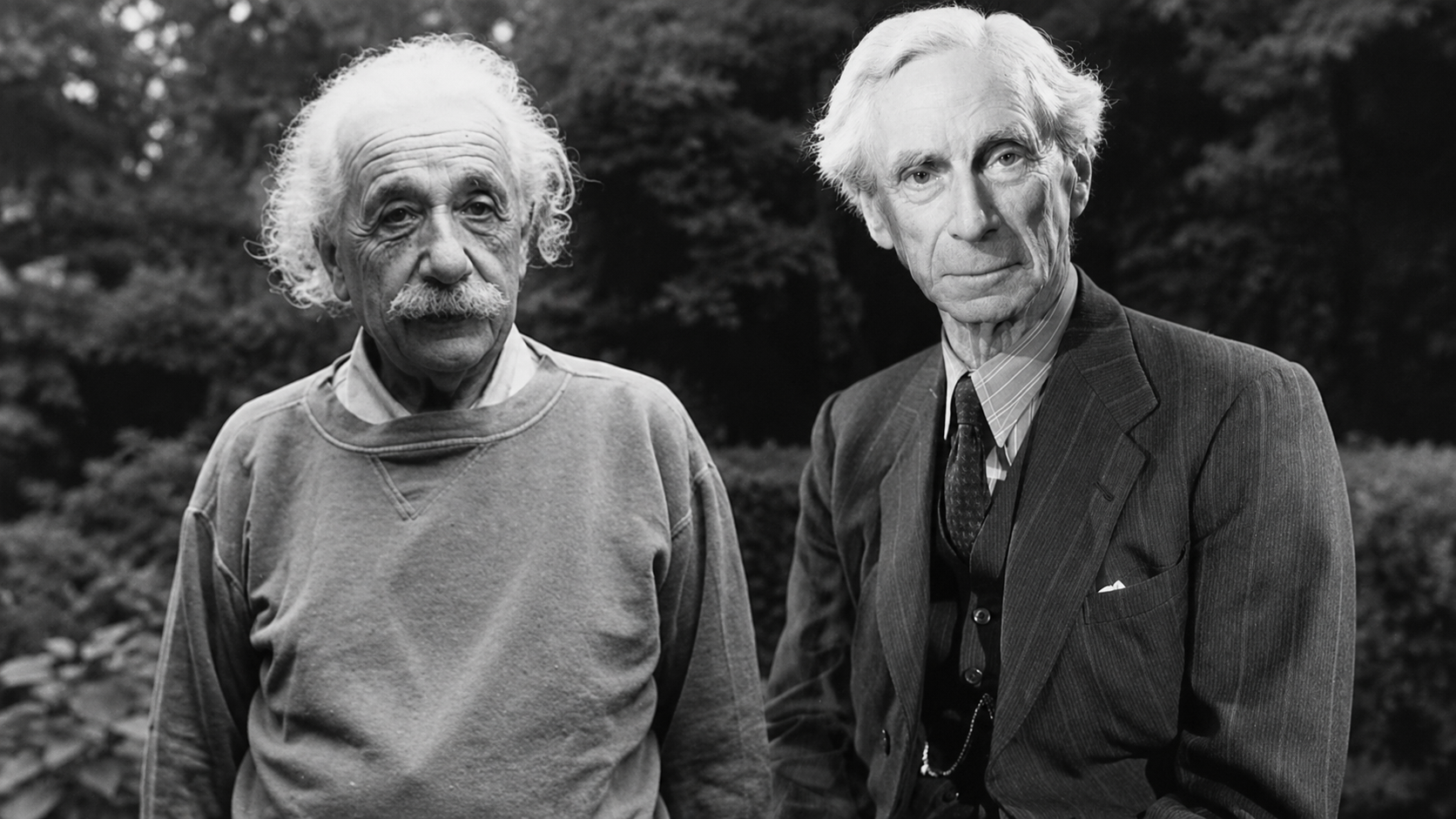 Black-and-white portrait of Albert Einstein and Bertrand Russell, whose 1955 Russell–Einstein Manifesto warned of the dangers of nuclear weapons and called for international cooperation.