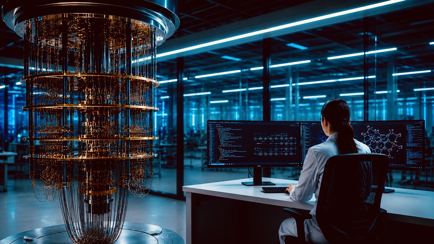 A researcher works at dual ultrawide monitors beside a large quantum computing system inside a modern laboratory, illustrating advances in artificial intelligence and quantum computing research.