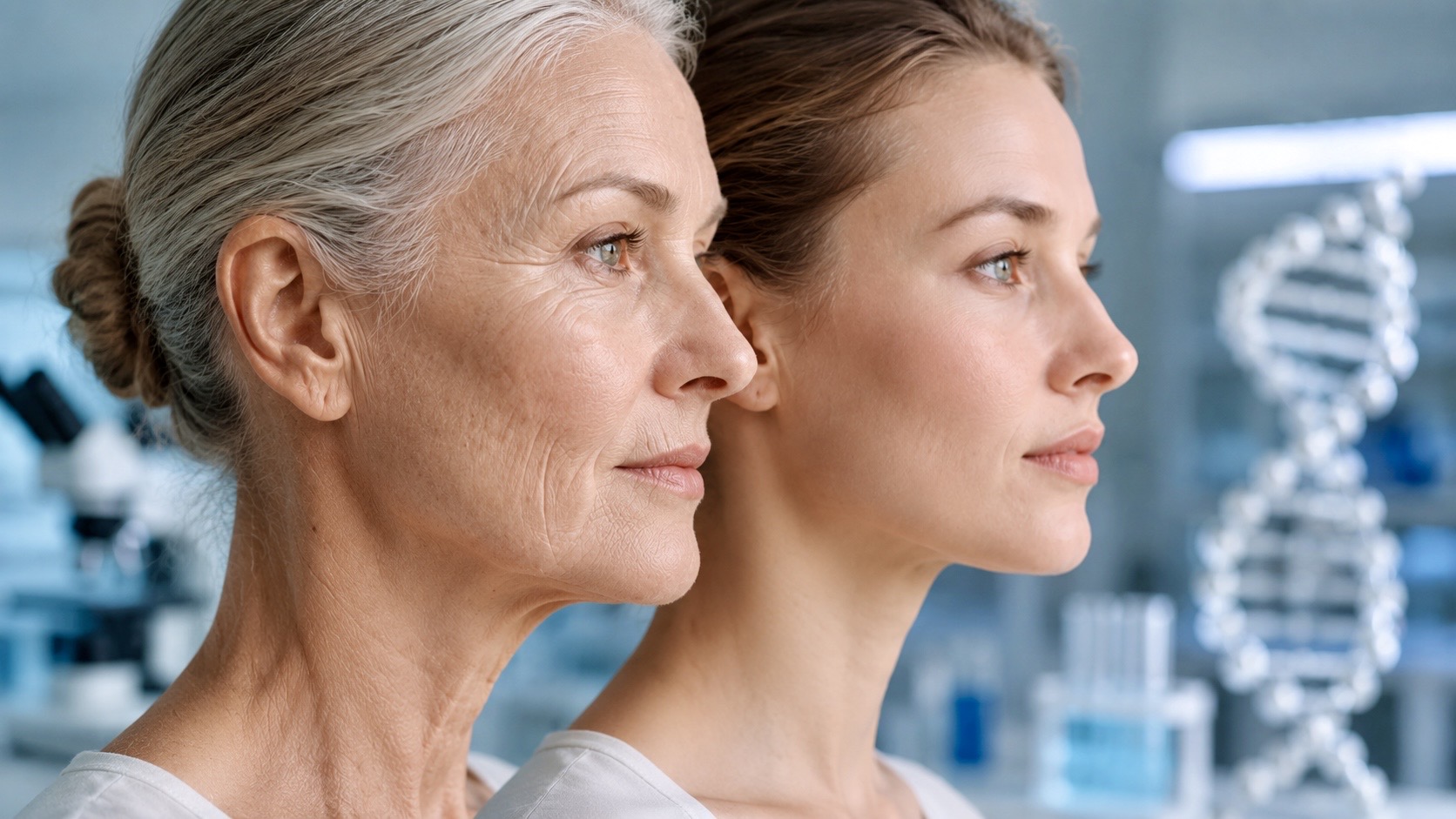 Conceptual illustration showing the same woman at different stages of life in a biomedical laboratory, representing research into reversing biological aging.