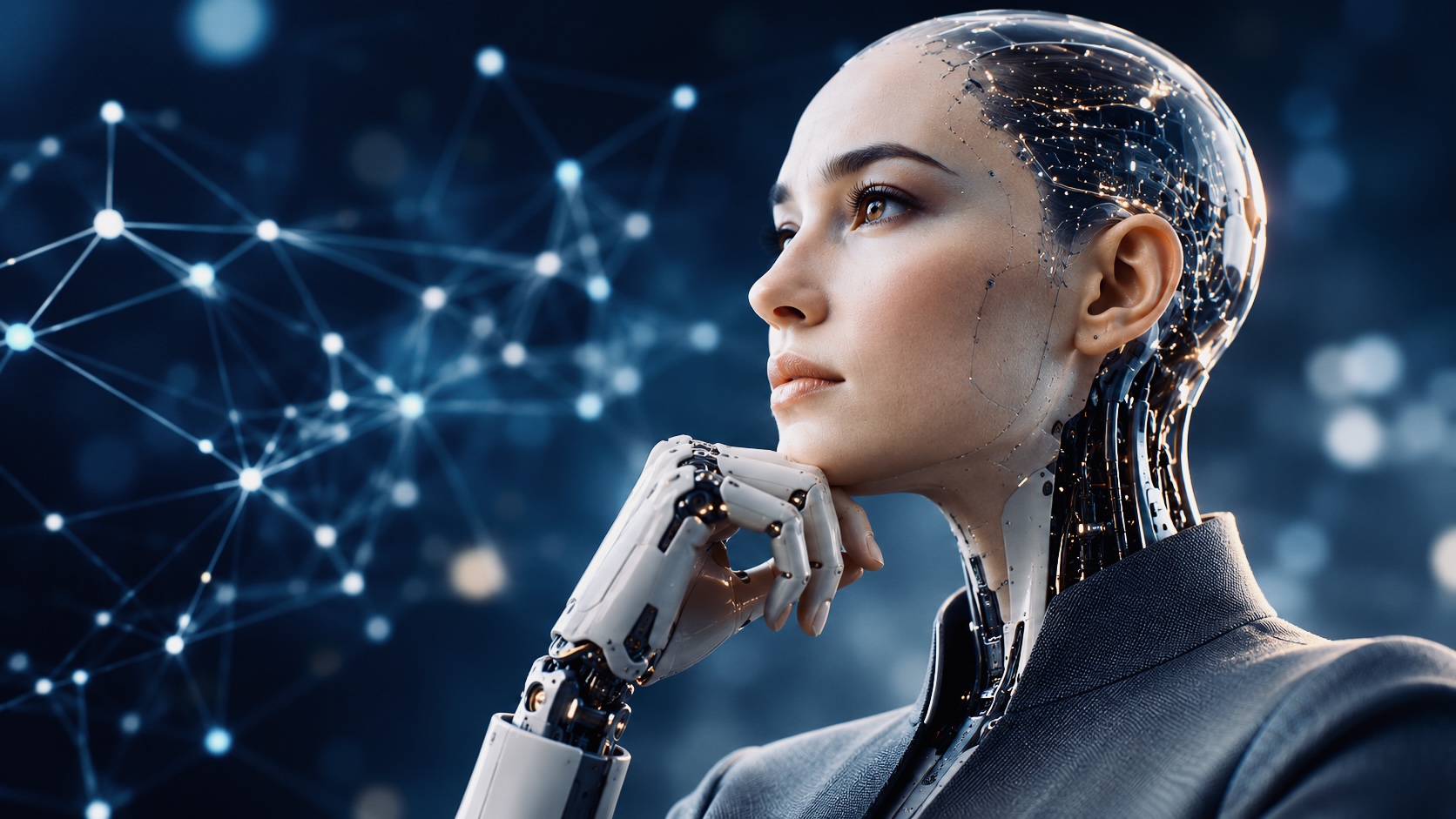 Conceptual illustration of Artificial General Intelligence (AGI) depicting a highly advanced human-like synthetic intelligence with a subtle neural network background.