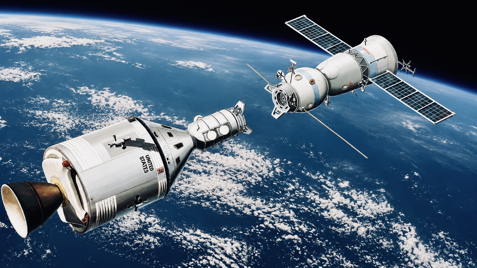 NASA’s Apollo and Soyuz spacecraft dock together in Earth orbit during the Apollo-Soyuz Test Project in July 1975.