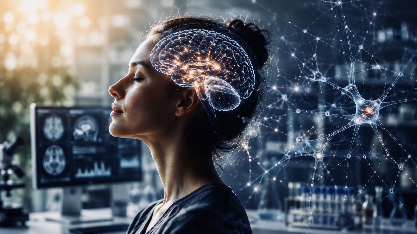 Editorial illustration showing a woman with a transparent visualization of brain activity and neural connections, representing neuroscience, neuroplasticity, and the scientific study of positive thinking.