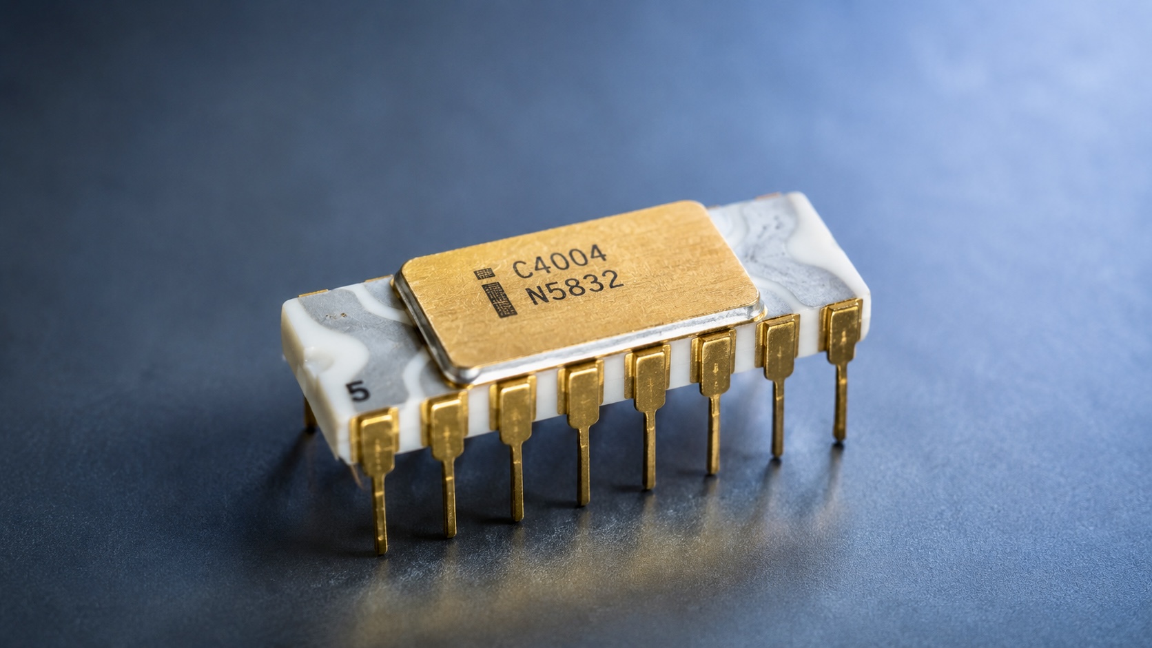 Close-up of the Intel 4004, the world’s first commercially available microprocessor, introduced in 1971.