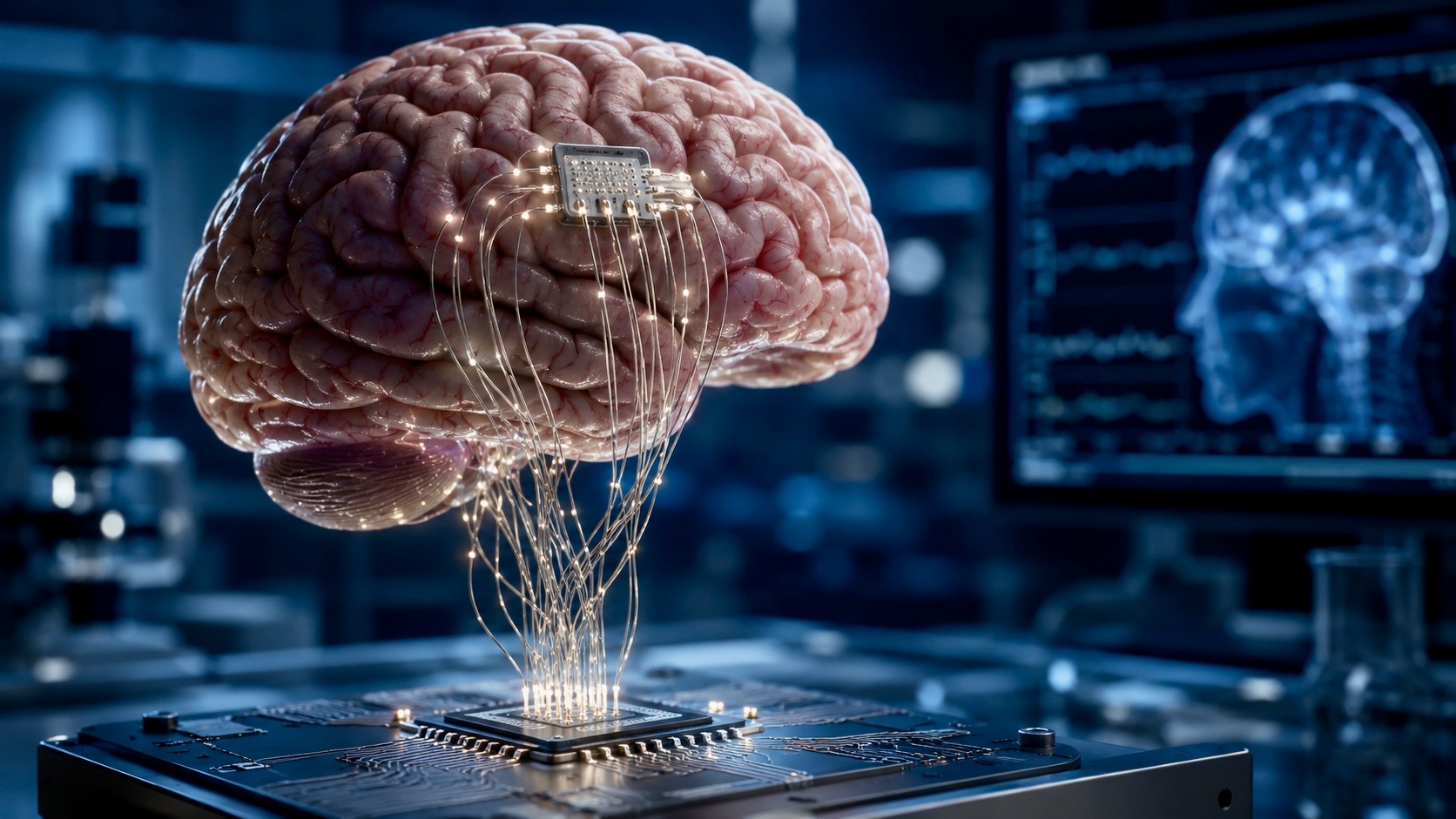 Conceptual illustration of a human brain connected to a neural implant, representing brain-computer interface technology in a medical research laboratory.