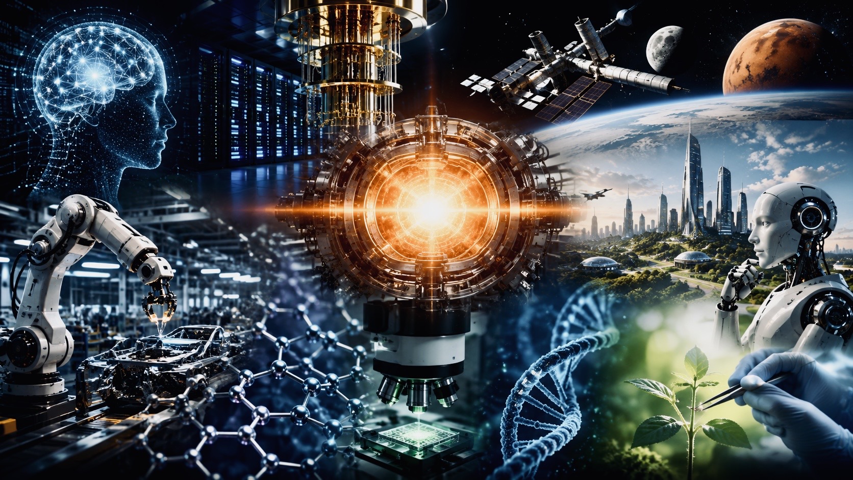 Illustration showing emerging technologies including artificial intelligence, quantum computing, fusion energy, robotics, advanced genetics, space infrastructure, and next-generation materials.