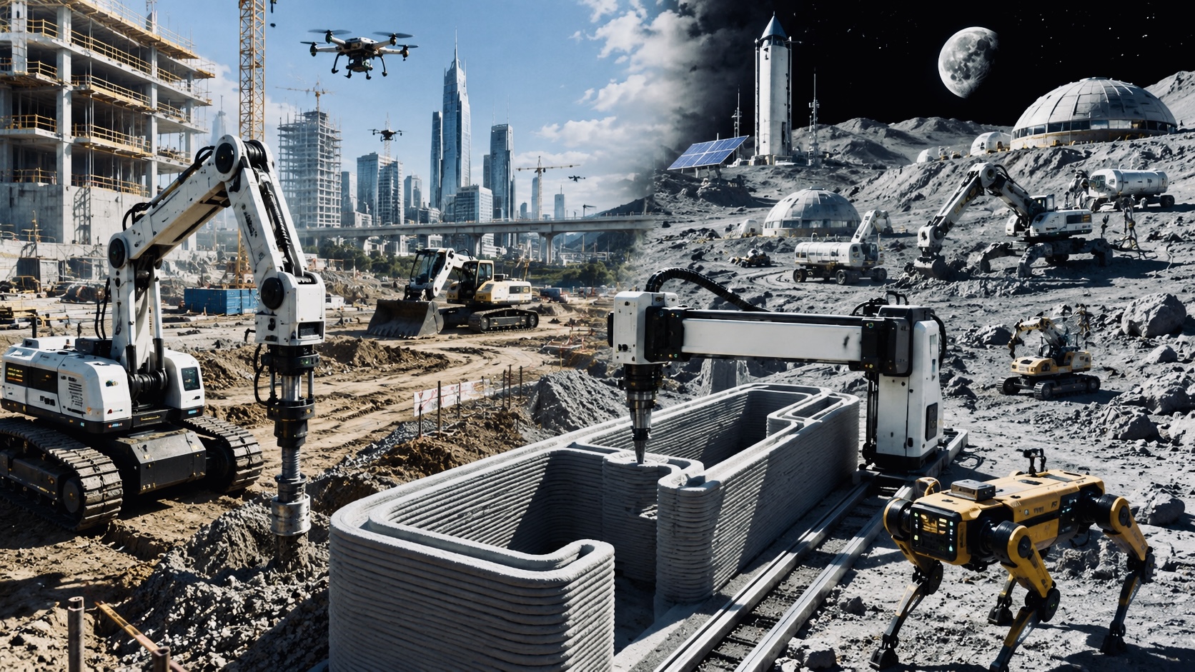Concept illustration showing autonomous construction robots, a large-scale 3D concrete printer, drones, AI-assisted construction equipment, and robotic machines building infrastructure on Earth and the Moon.