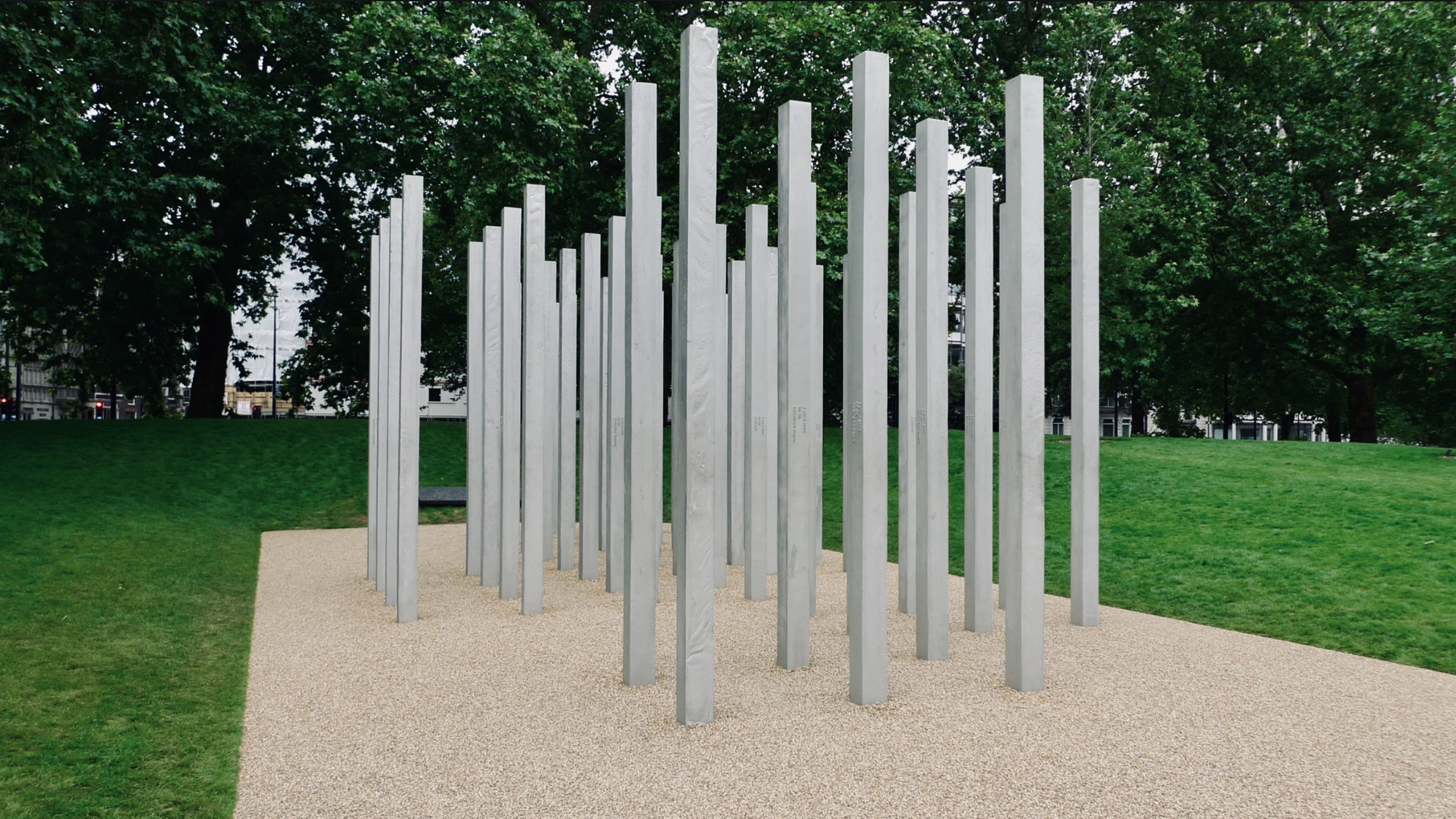 The 7 July Memorial in Hyde Park, London, featuring 52 stainless steel pillars that commemorate the victims of the 2005 London bombings.