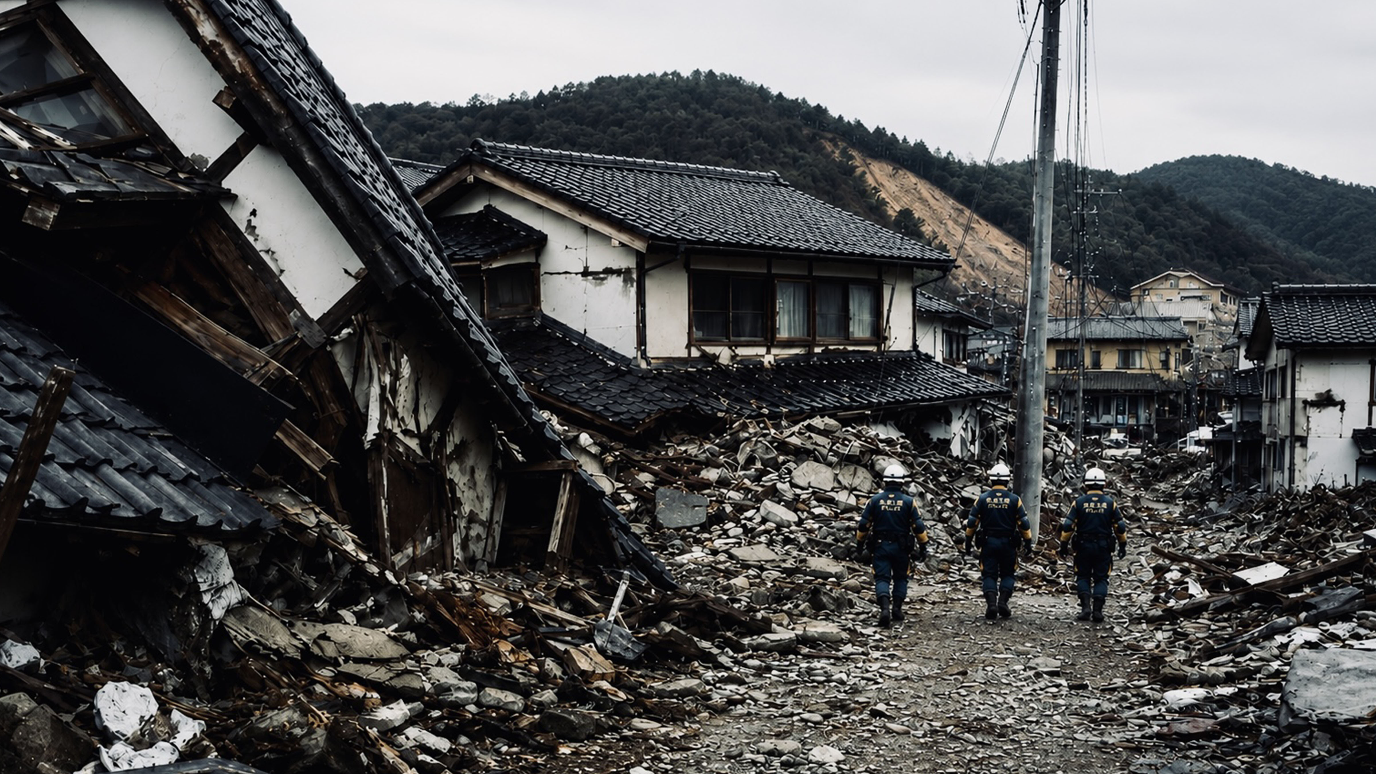 Three rescue workers walk through a heavily damaged Japanese neighborhood following a powerful earthquake, surrounded by collapsed homes and debris.