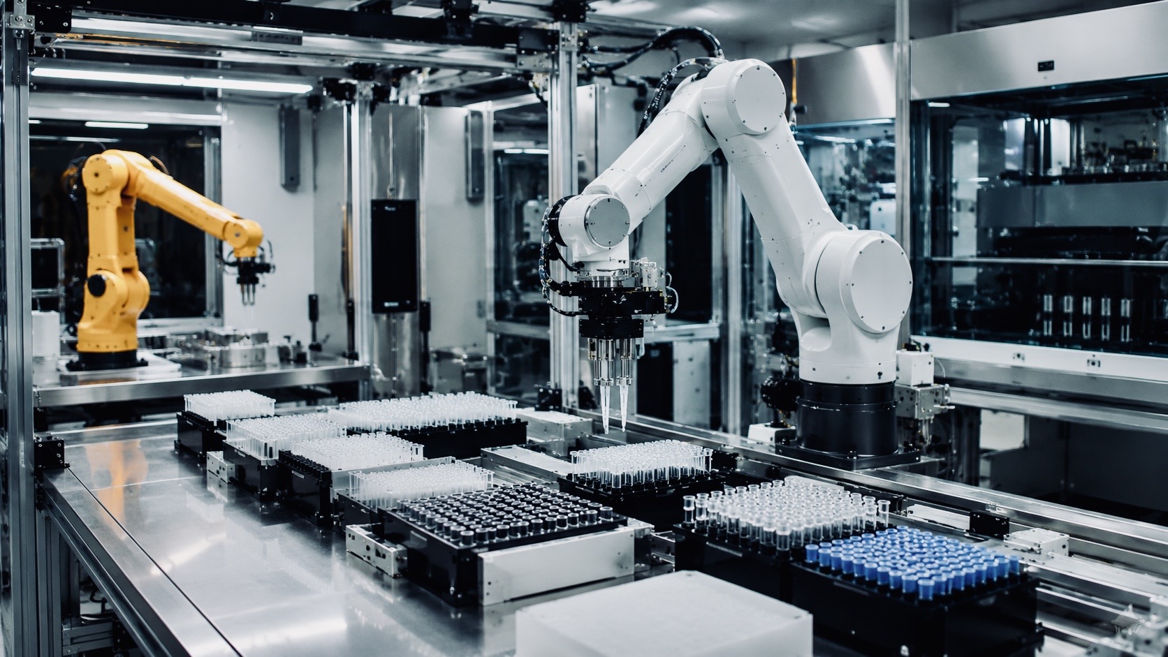 AI laboratory with robotic arms handling scientific samples in an automated research environment.