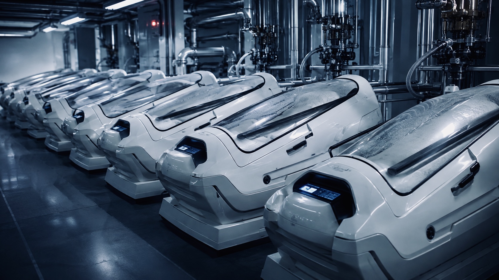 Cryonics preservation chambers in a temperature-controlled facility