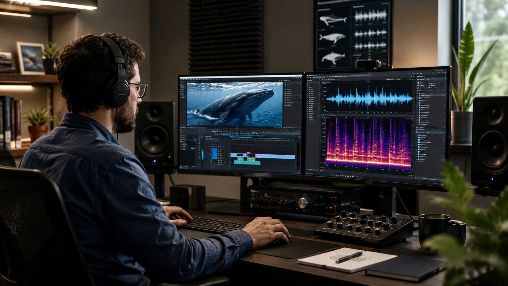 Researcher using AI audio analysis to study whale communication