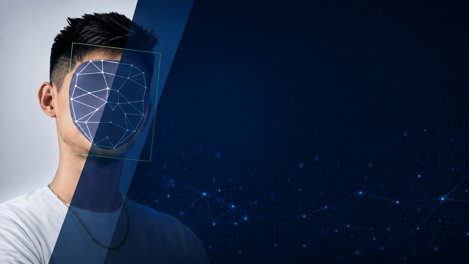 Editorial illustration showing a person with an AI facial recognition overlay and digital identity verification graphics against a dark blue technology background.