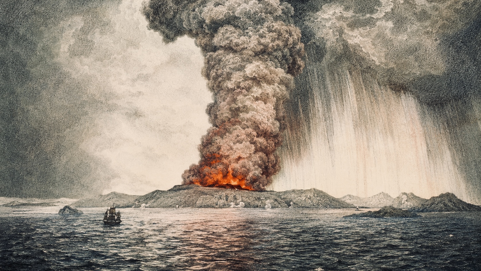 Artistic reconstruction of the 1883 Krakatoa eruption with a massive volcanic plume rising above the Sunda Strait.