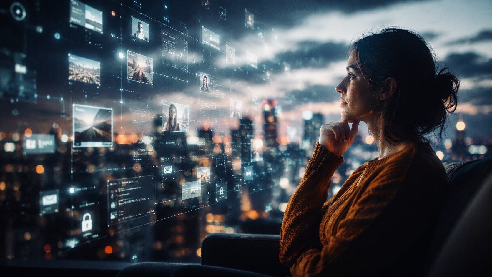Woman viewing a digital interface representing AI memory, personal information and online activity