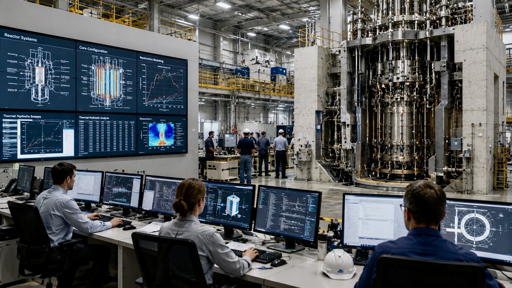 Engineers monitor AI-assisted reactor design and performance data inside a modern nuclear research and development facility.