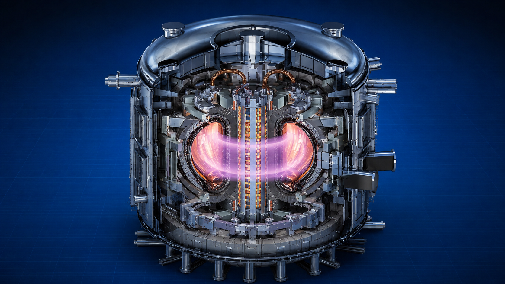 Cutaway illustration of a nuclear fusion reactor showing the plasma chamber, magnetic coils, and internal engineering systems.