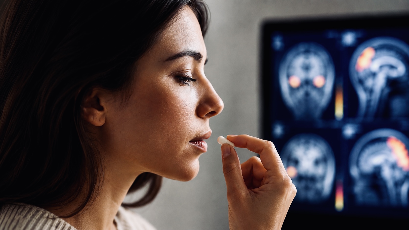 Woman holding a pill near her mouth with brain scans displayed in the background, illustrating the placebo effect.