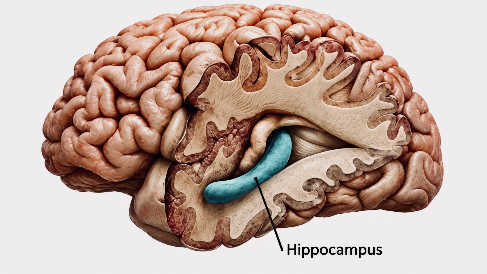 Human brain illustration showing the hippocampus highlighted in blue