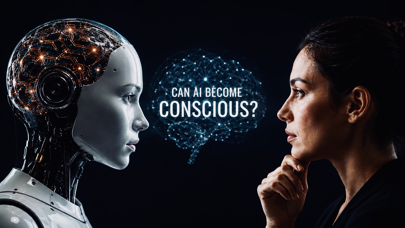 Humanoid AI robot facing a woman with a digital brain between them and the question “Can AI Become Conscious?”