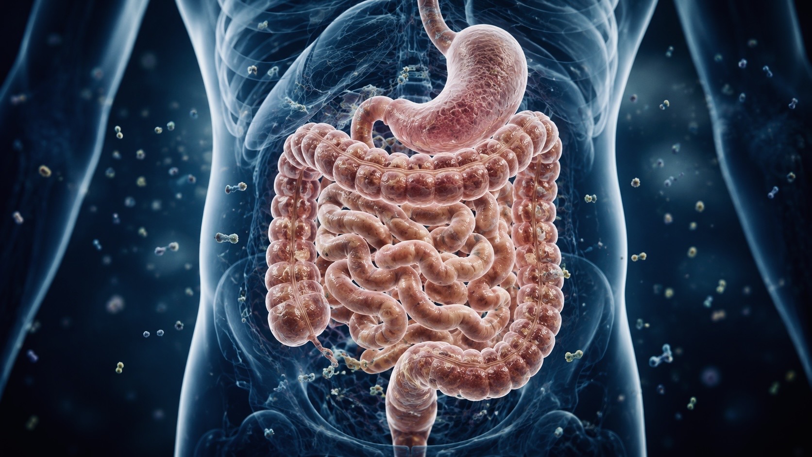 Illustration showing the human digestive system surrounded by microorganisms representing the gut microbiome.
