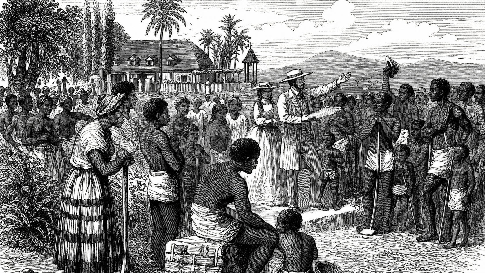 A 19th-century engraving depicts the public reading of the Slavery Abolition Act to formerly enslaved people gathered outside a plantation in the British Empire.