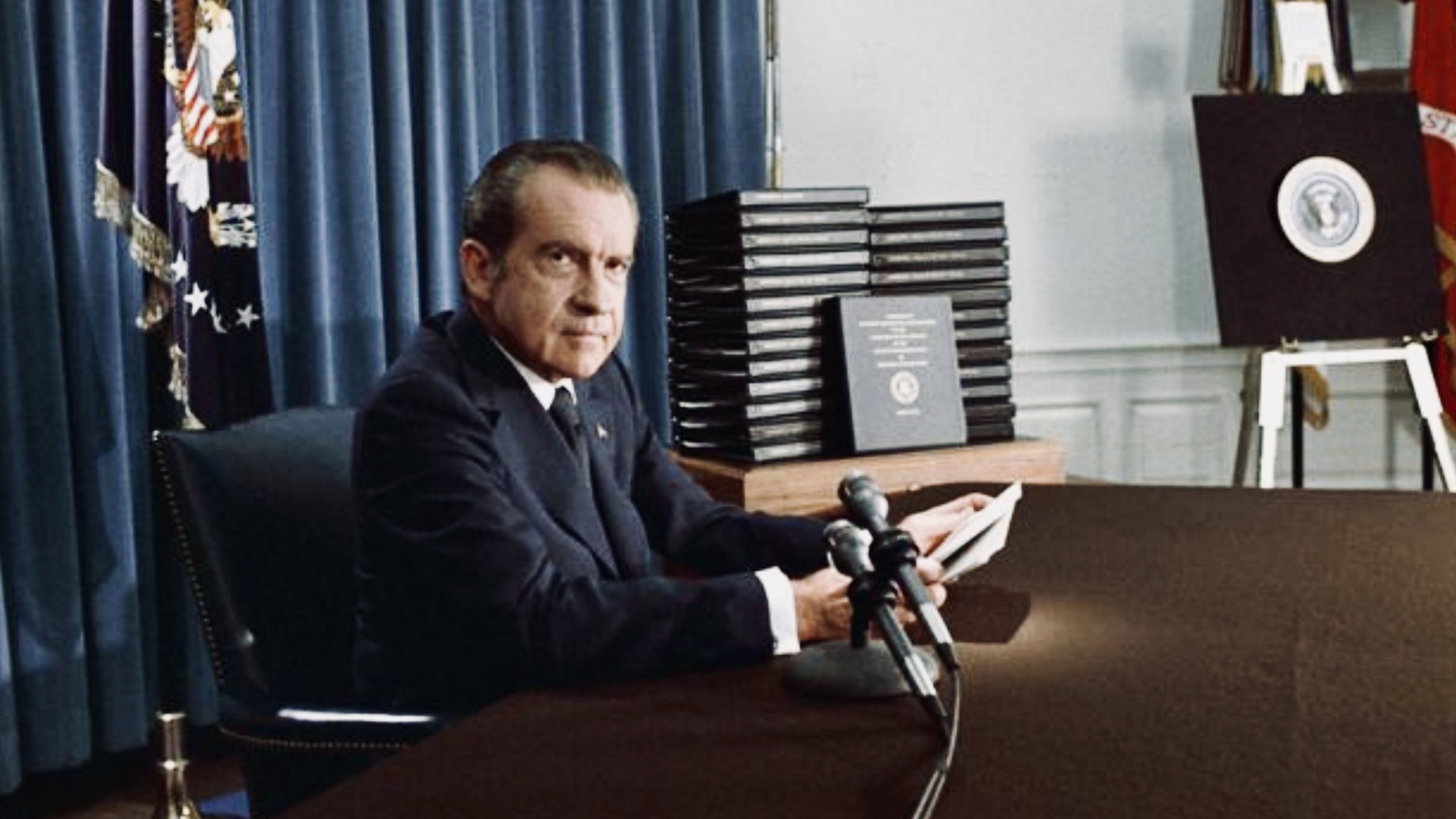 President Richard Nixon announcing his resignation from the White House on August 8, 1974