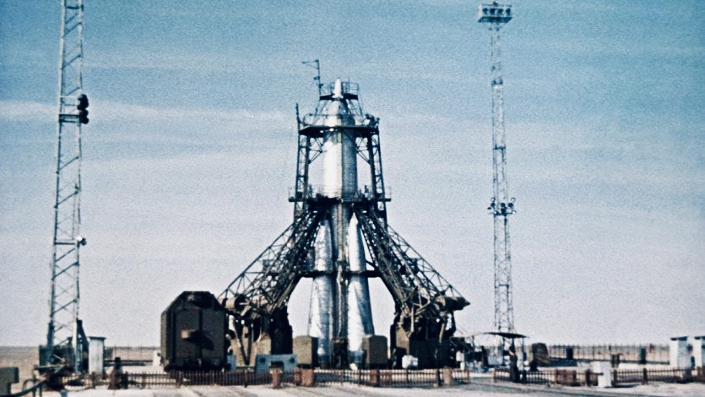 Soviet R-7 ICBM positioned on its launch pad during the early era of Soviet rocket development