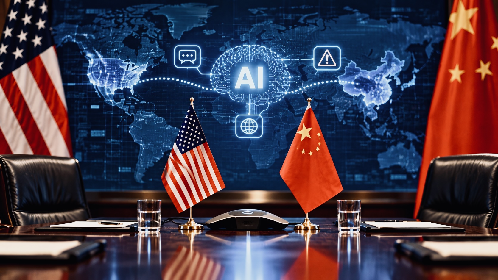 Conceptual illustration of U.S. and Chinese flags at a conference table with an AI communication network displayed behind them