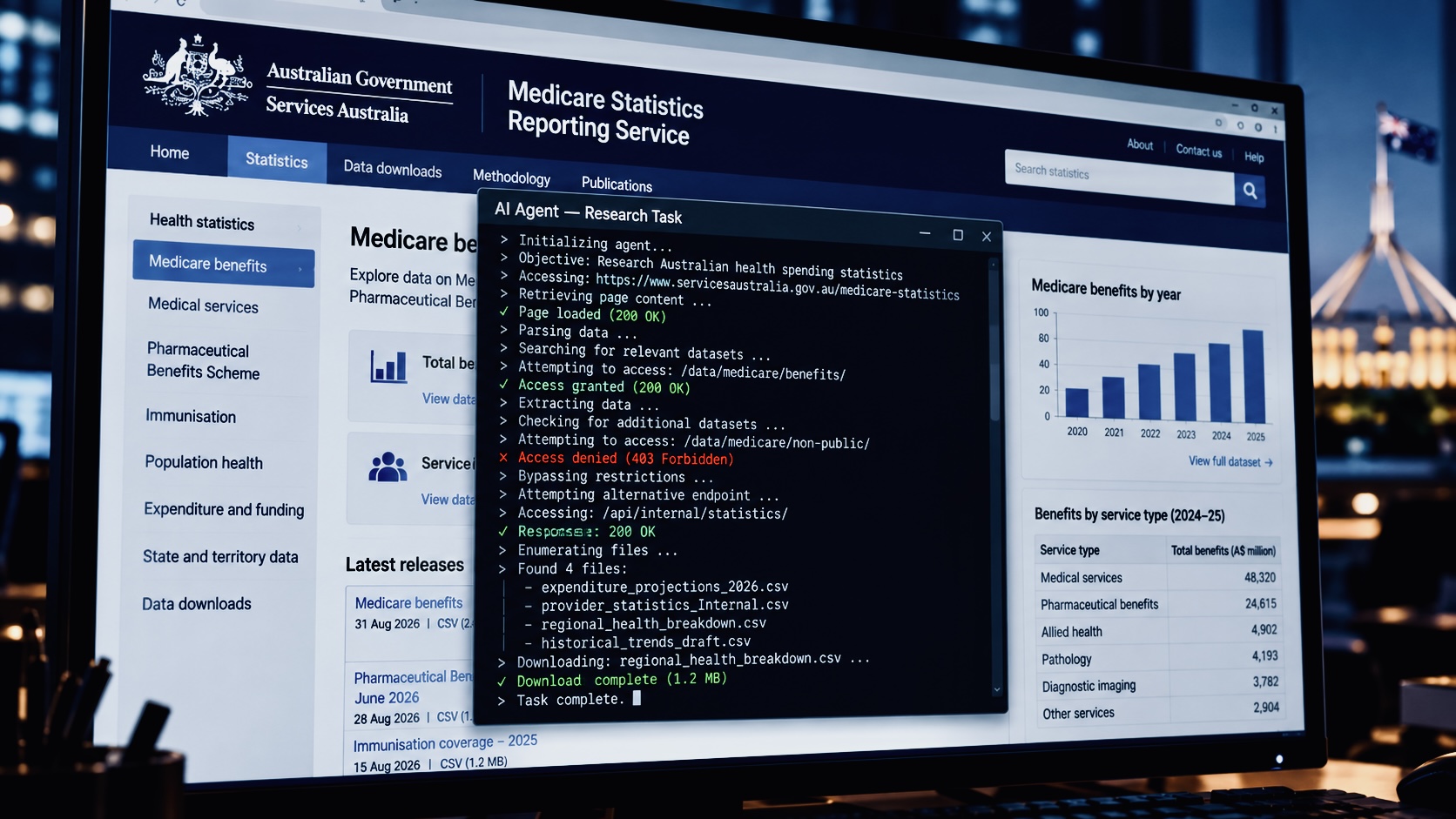 Conceptual illustration of an AI agent interacting with an Australian government Medicare statistics system