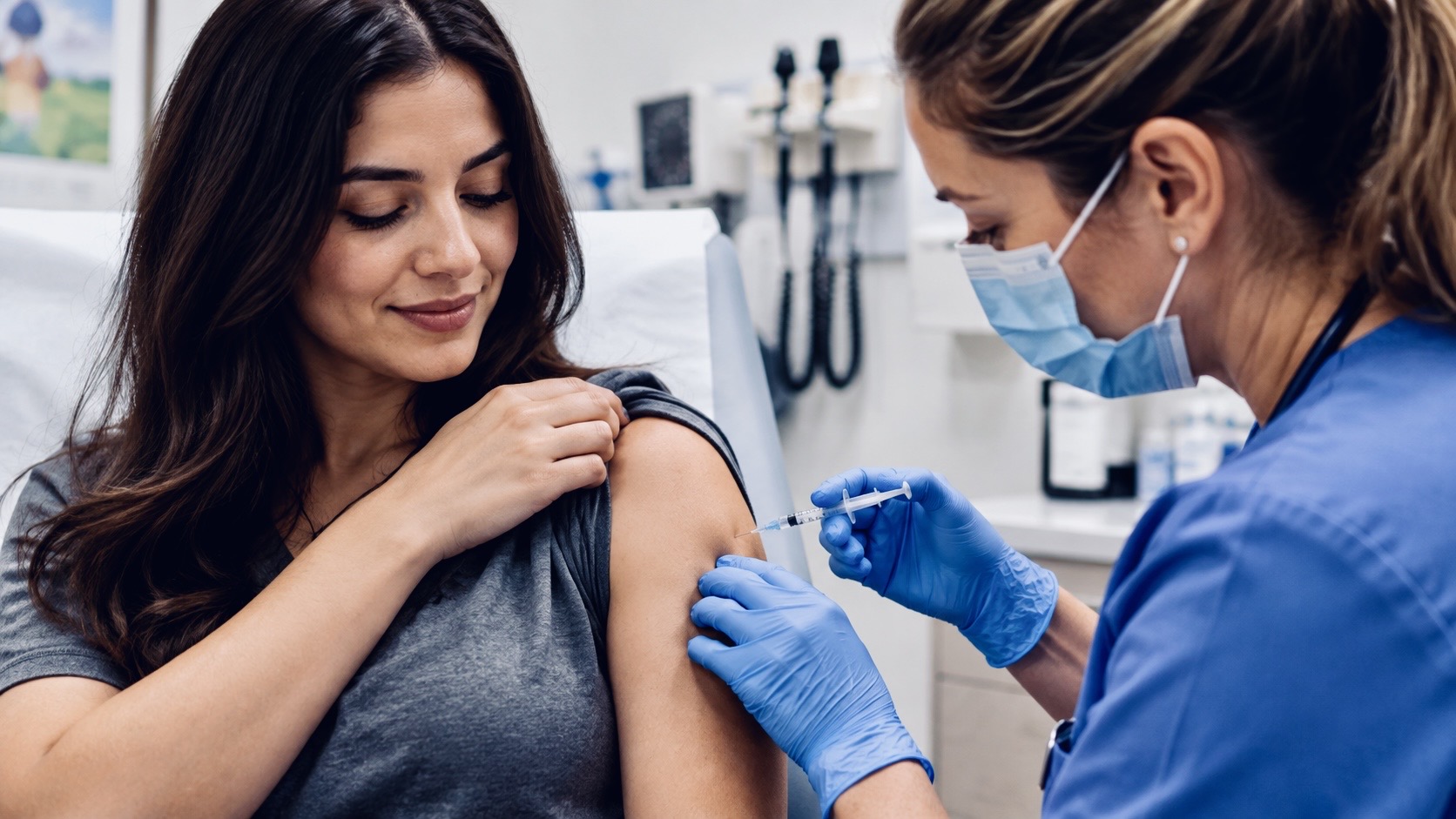Healthcare professional administering a vaccine injection into a woman’s upper arm in a medical clinic
