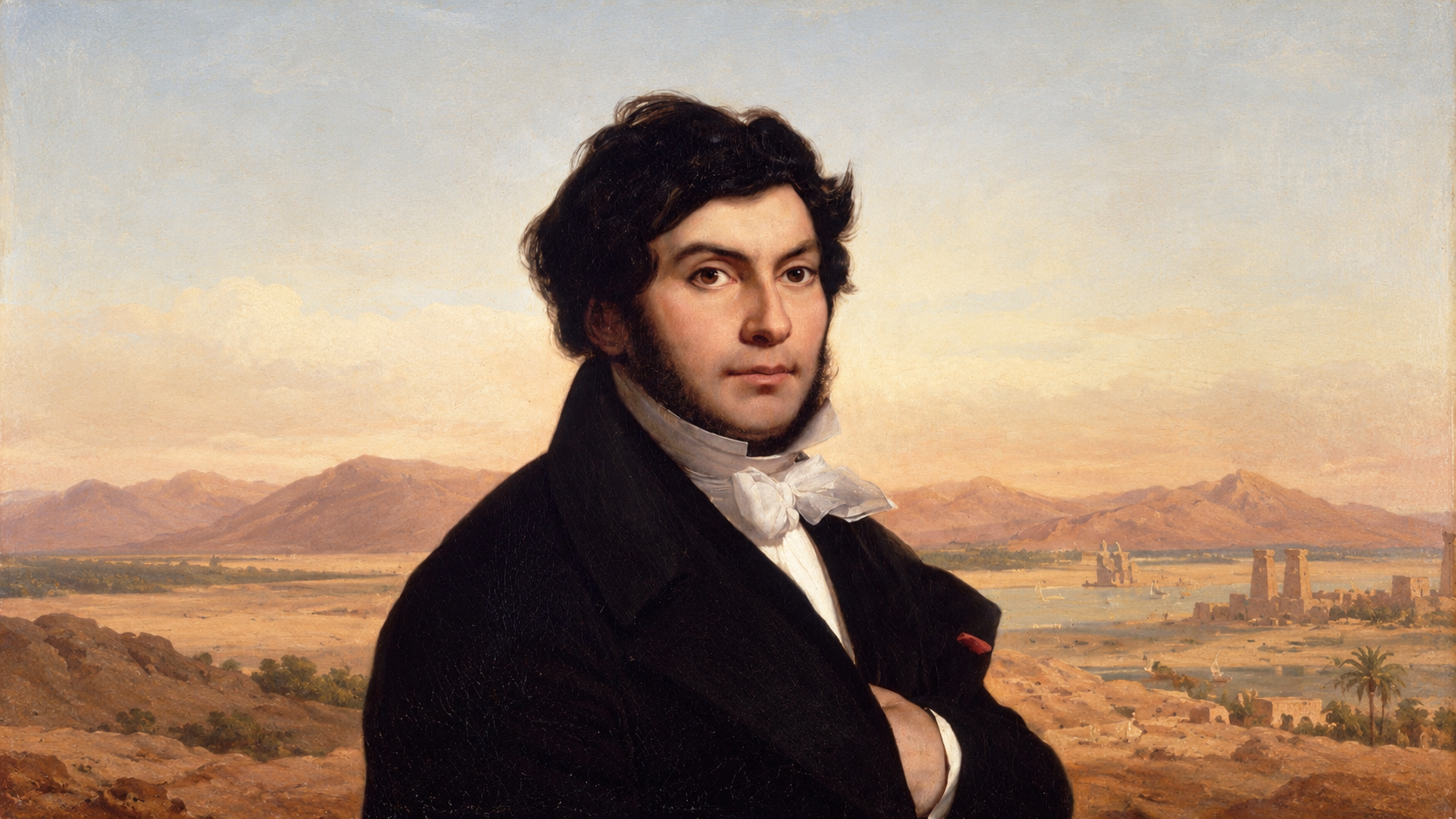 Jean-François Champollion portrayed against an Egyptian landscape, representing his 1822 breakthrough in deciphering ancient Egyptian Hieroglyphs.