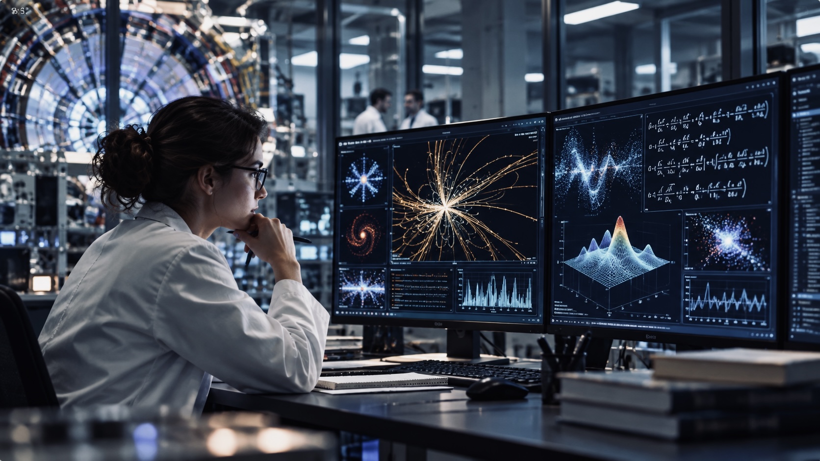 Scientist studying particle trajectories, equations and physics data displayed on computer monitors in a research laboratory