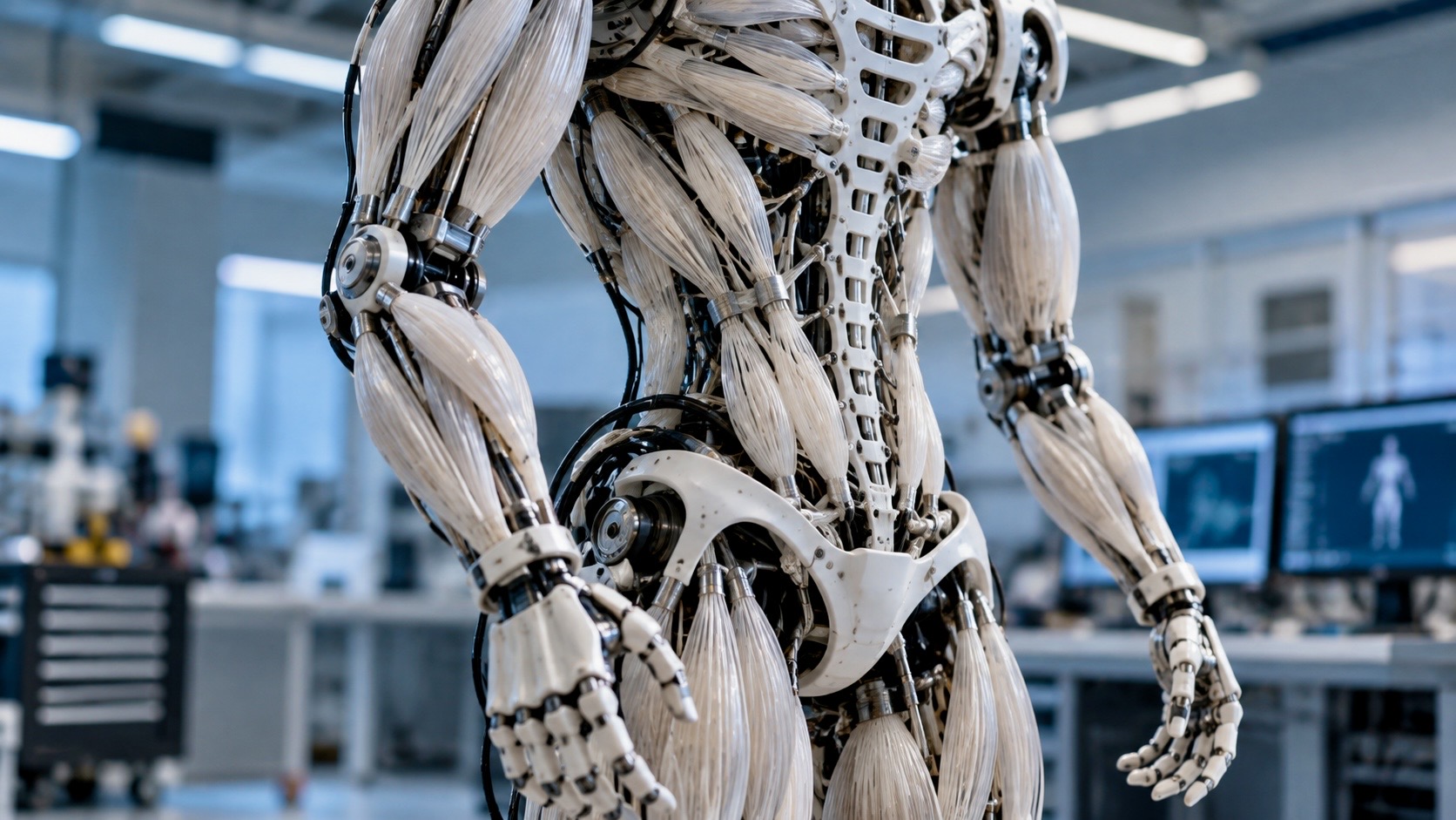 Humanoid robot with exposed artificial muscle-like fibres and mechanical joints in a robotics laboratory.