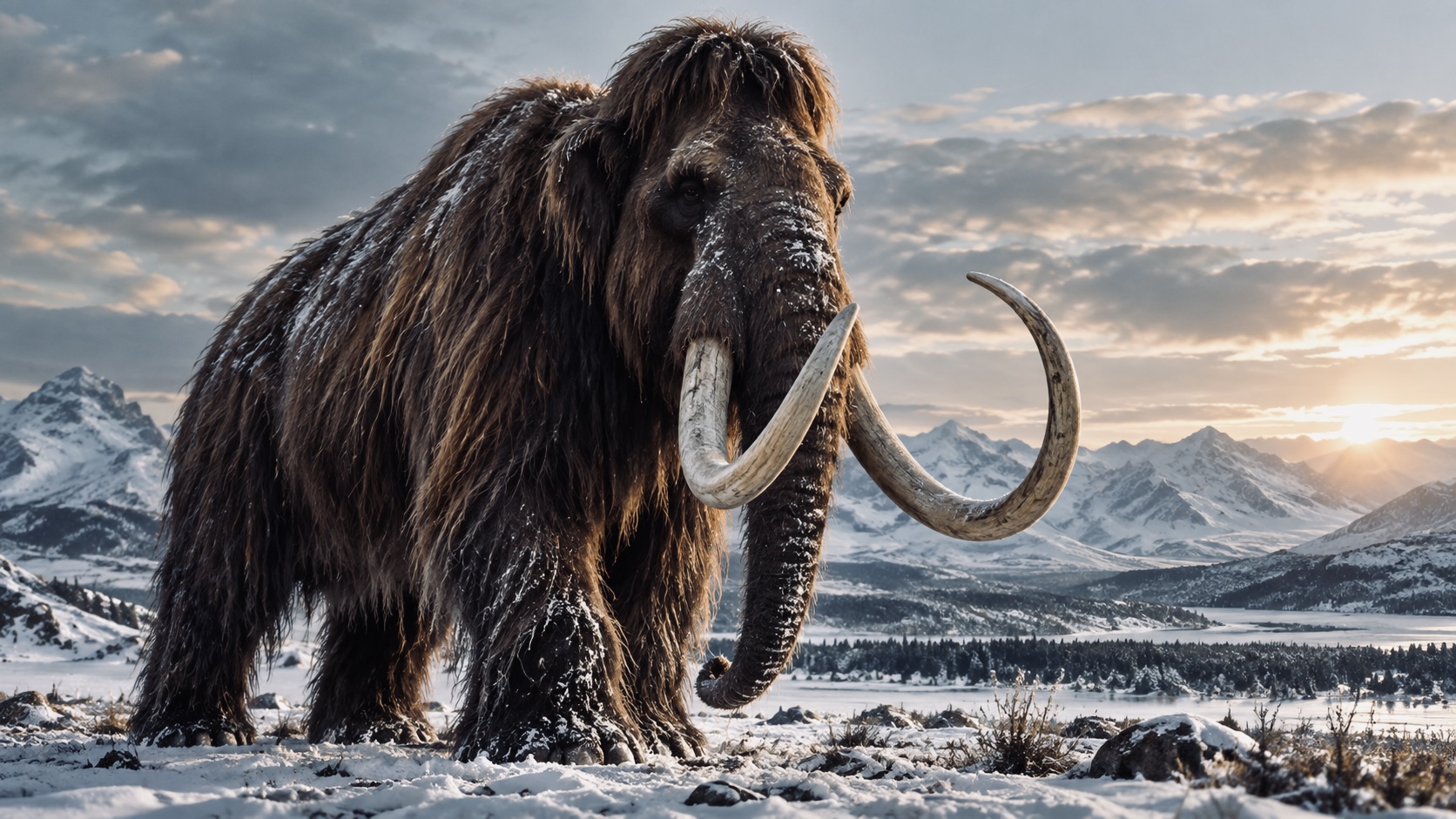 Woolly mammoth with long curved tusks standing in a snowy mountain landscape