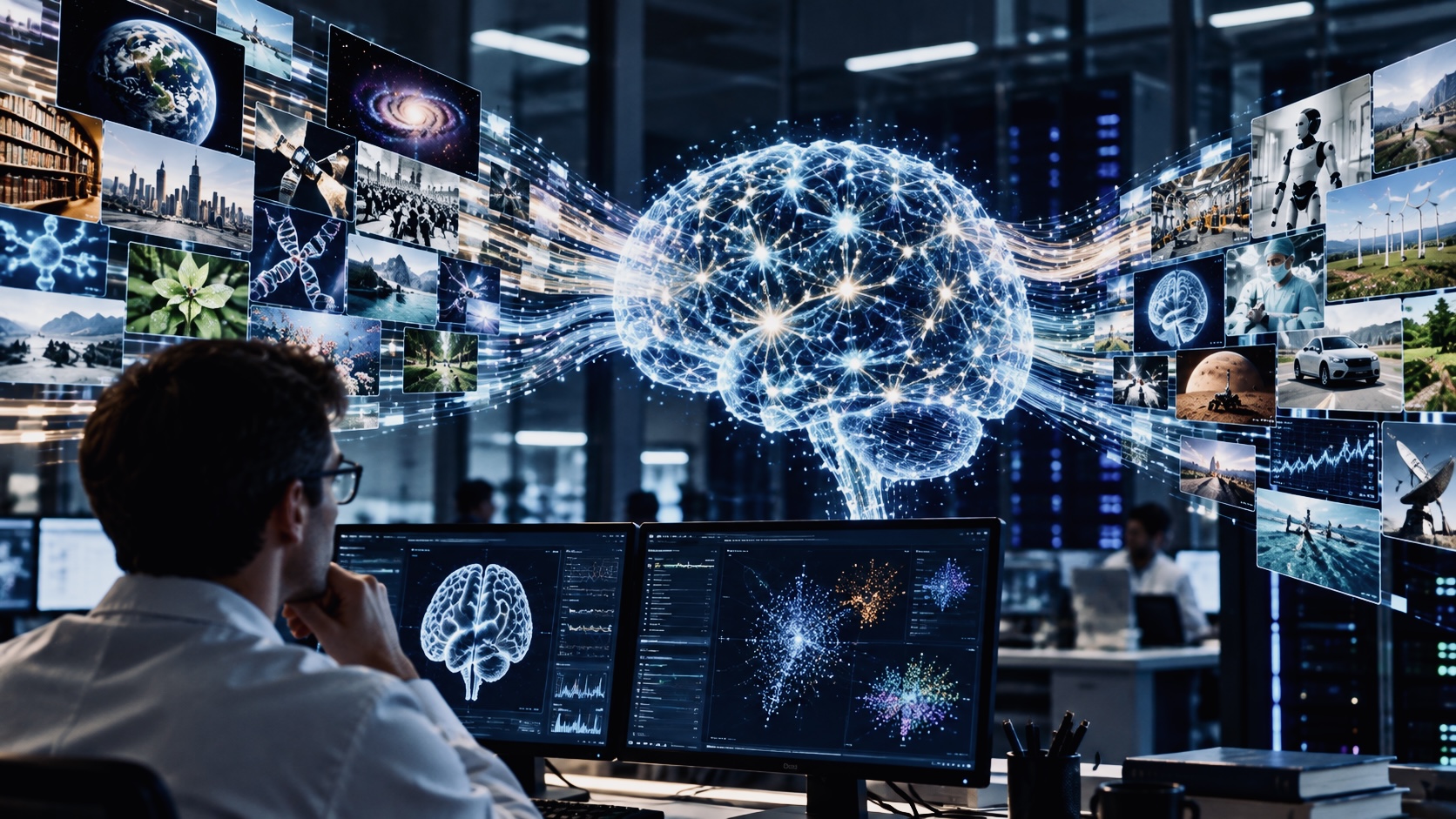 Researcher observing a glowing AI neural network surrounded by streams of scientific and real-world information