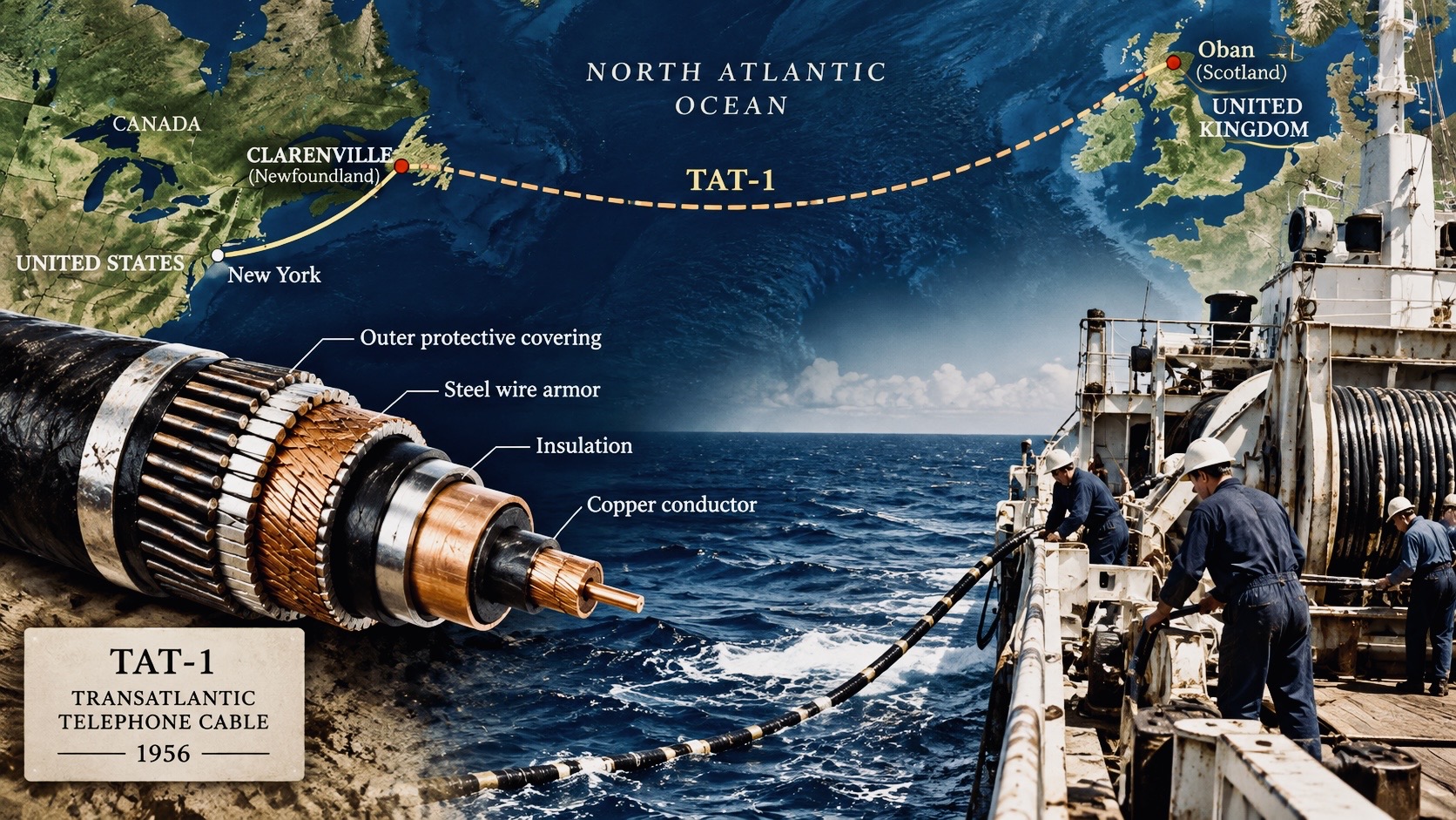 Historical illustration of the TAT-1 transatlantic telephone cable, its route between Newfoundland and Scotland, and a cable-laying operation at sea.