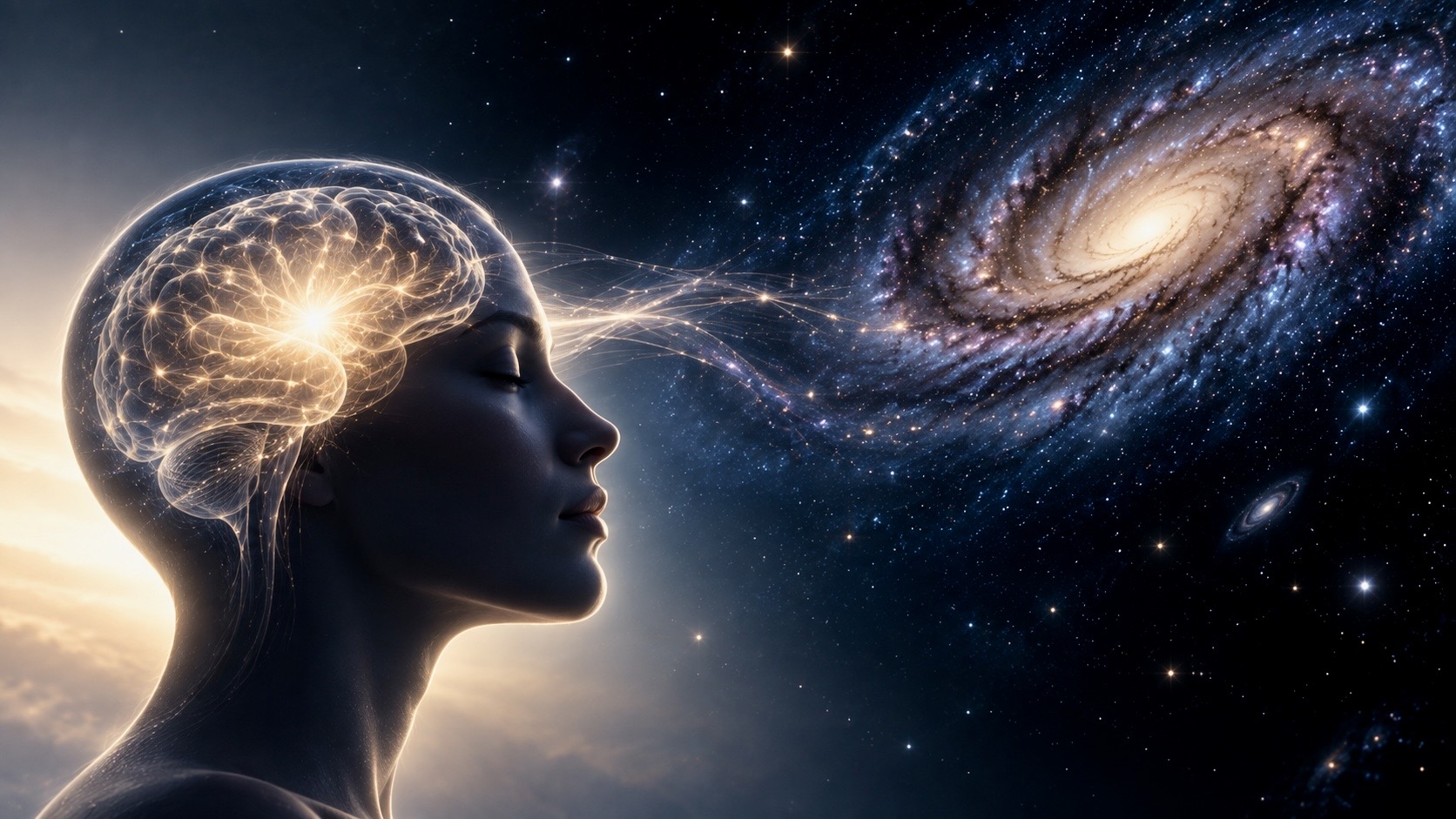 Human profile with a glowing brain facing a vast field of stars and galaxies