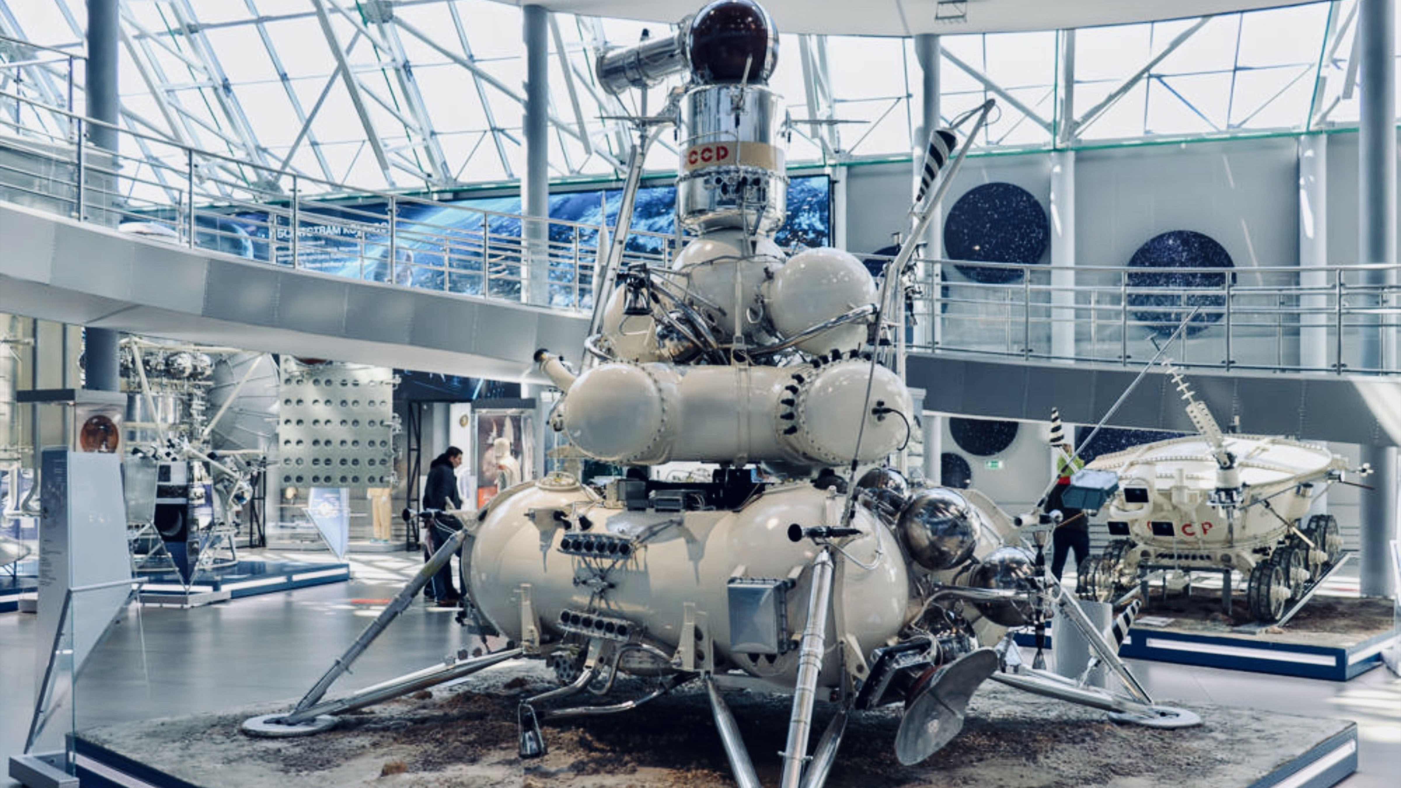 Luna 16 spacecraft display showing the Soviet robotic probe designed to collect lunar soil and return it to Earth in 1970.