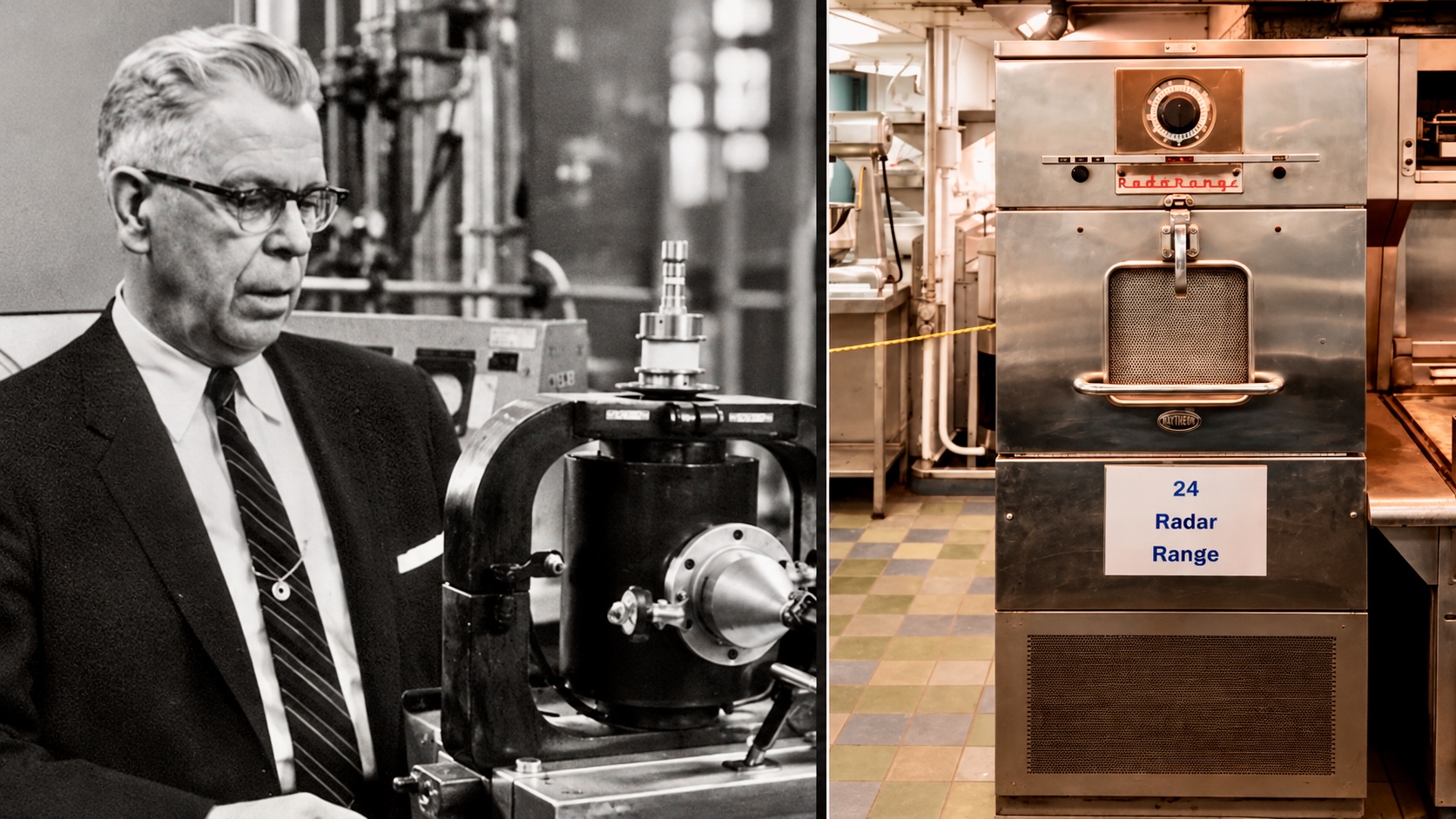 Historical-style composite showing an engineer beside laboratory equipment and an early Raytheon Radarange microwave oven.